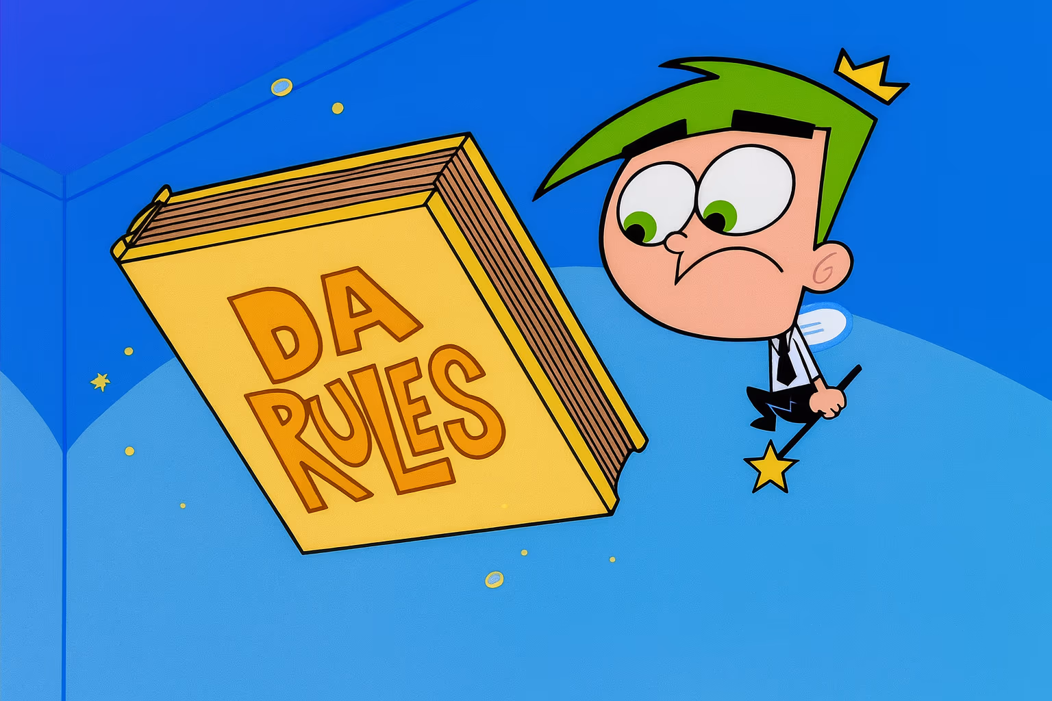 A throwback to fairly odd parents 'da rules' rulebook.