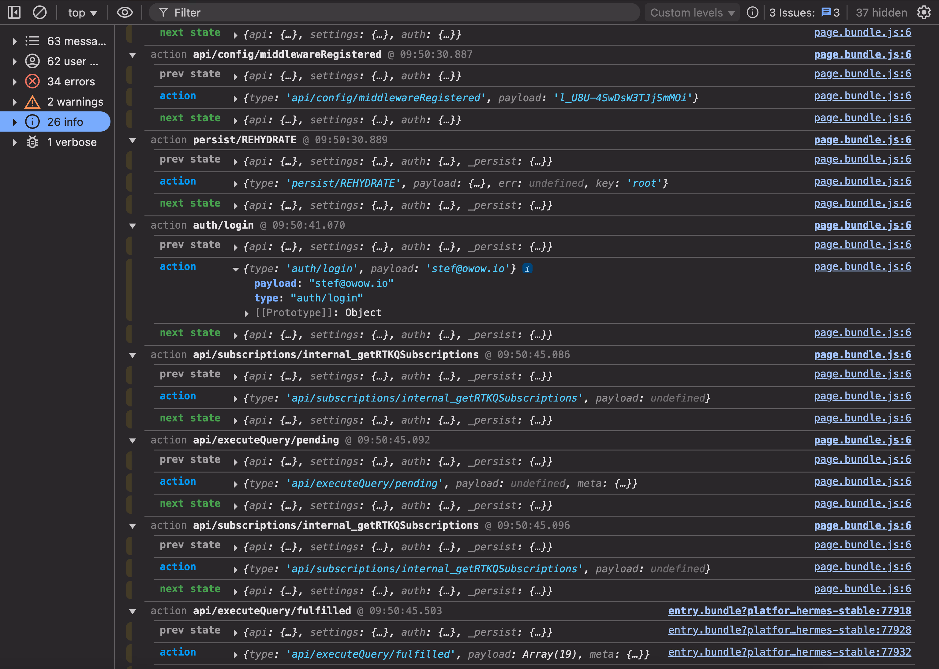 Redux DevTools logger displaying various actions and their effects on the state.